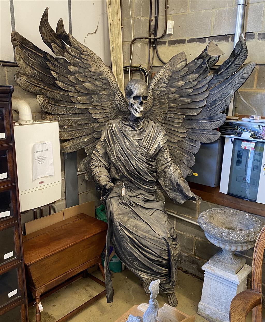 A composition and fabric theatrical figure The Angel of Death formerly modelled for Glyndebourne opera house and then in residence